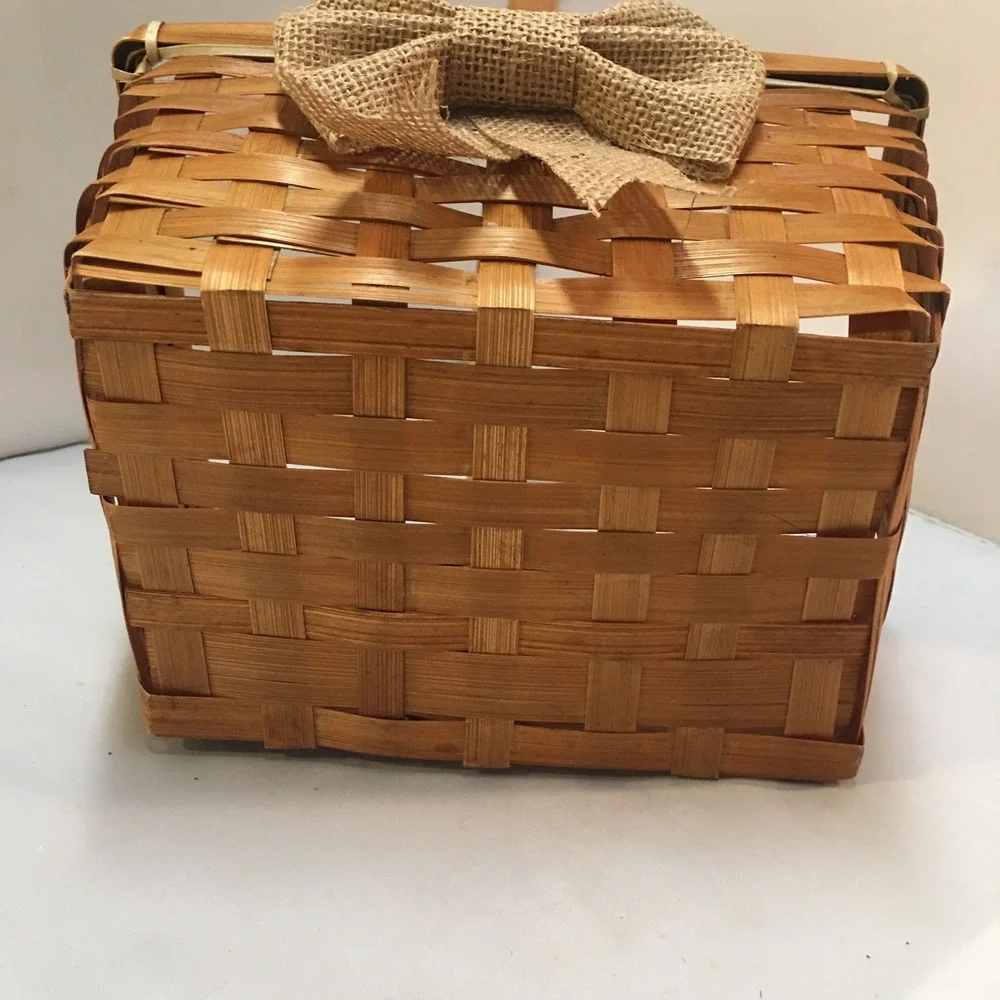 Woven Wood Basket Unisex Small Brown‎ Burlap Bow Rustic Decor Farmhouse